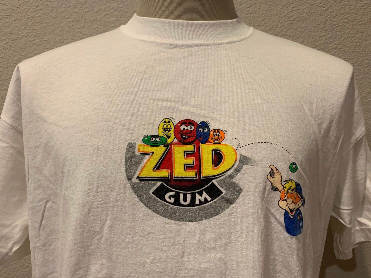 Vintage 90s Zed Bubble Gum Candy White T Shirt Size XL Graphic Tee – Bold Style · Trending Graphic Apparel