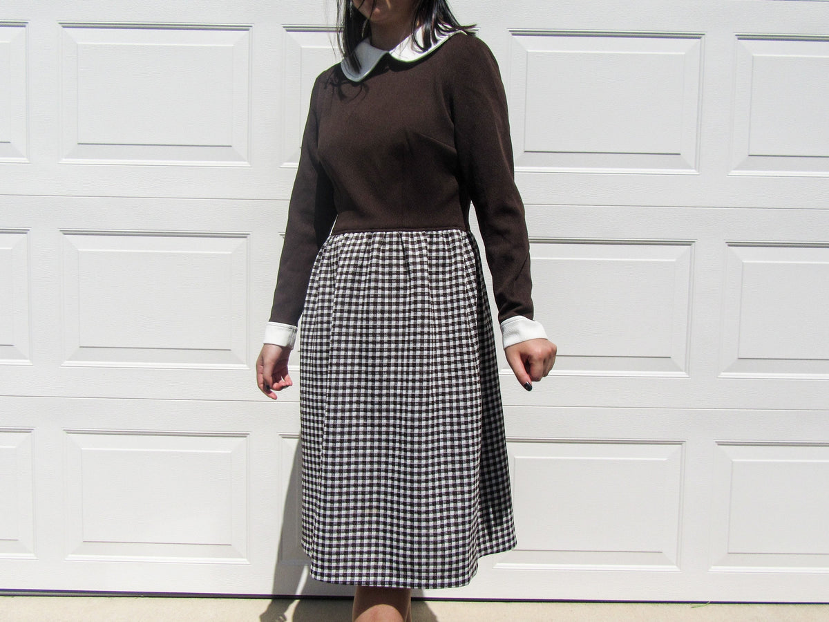 Vintage Collared Brown Dress with Plaid Skirt Size M Graphic Tee – Cozy Vibes · High-Quality Print