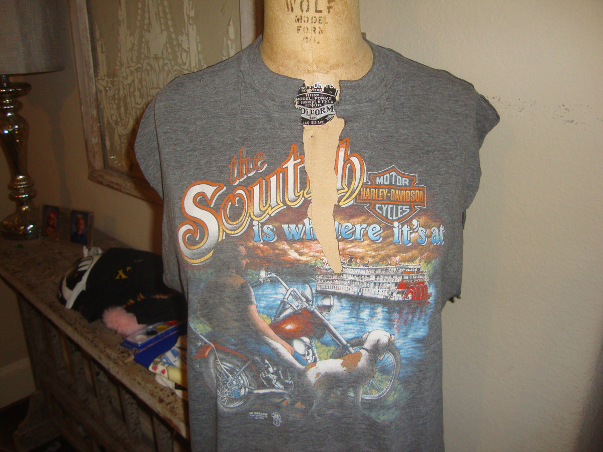Vintage 8039s Harley Davidson Motorcycle 1989 3D Emblem The South Is Where It39s At Faded Black Sleeveless T Shirt M Graphic Tee – Bold Style · Trending Graphic Apparel
