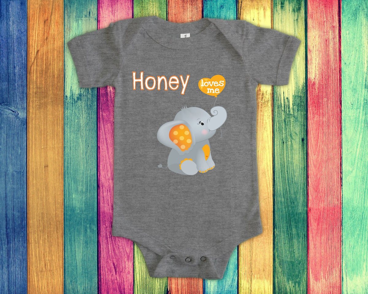 Honey Loves Me Cute Grandma Name Elephant Baby Bodysuit Tshirt or Toddler Shirt Special Grandmother Gift or Pregnancy Reveal Announcement Graphic Tee – Soft Feel · Great Gift For Fans