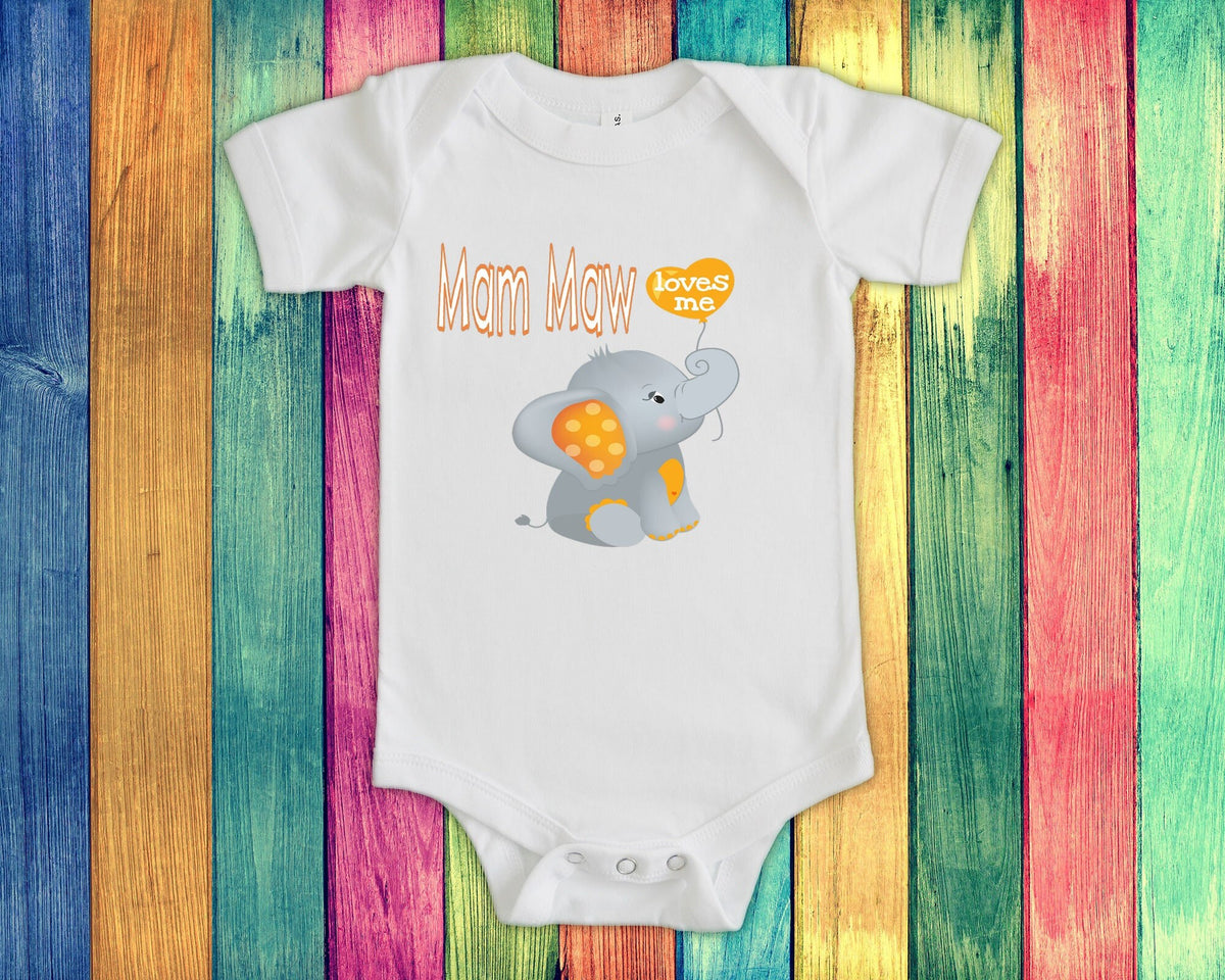 Mam Maw Loves Me Cute Grandma Name Elephant Baby Bodysuit Tshirt or Toddler Shirt Special Grandmother Gift Pregnancy Reveal Announcement Graphic Tee – Aesthetic Look · Great Gift For Fans