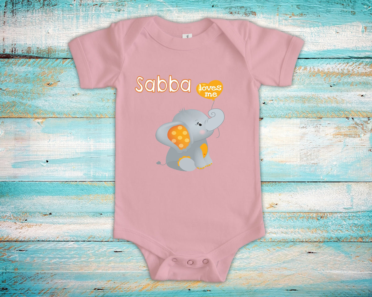 Sabba Loves Me Cute Grandpa Name Elephant Baby Bodysuit Tshirt or Toddler Shirt Jewish Grandfather Gift or Pregnancy Reveal Announcement Graphic Tee – Premium Graphic · High-Quality Print