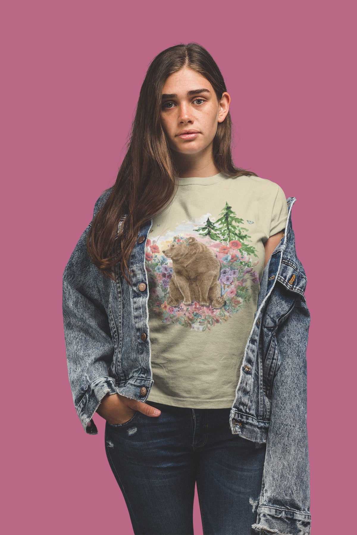 Bear Shirt Cute Bear TShirt with Flowers and Pastel Sky Tee Shirt for Animal Lovers Animal Gift Idea Bear Gift Idea Bear with Flowers Graphic Tee – Premium Graphic · Great Gift For Fans