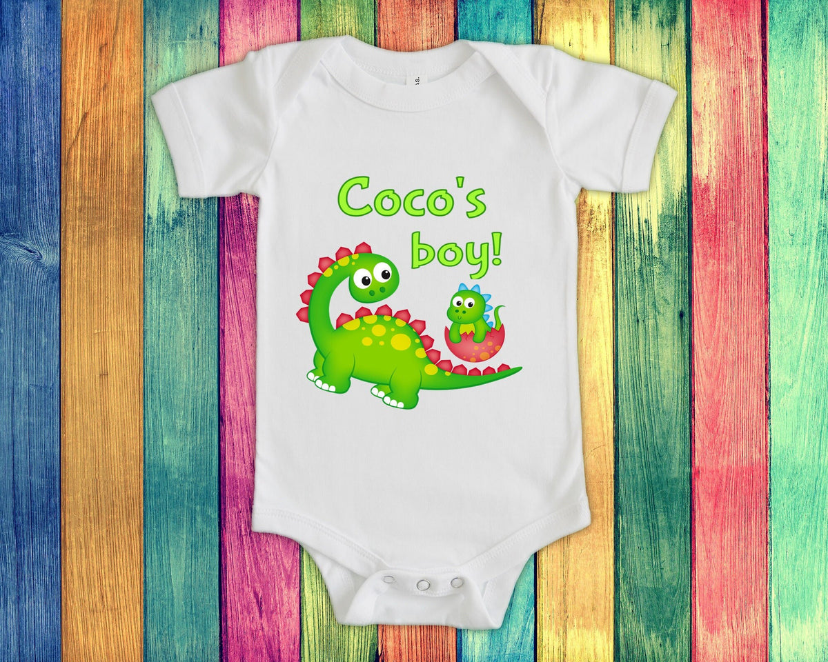 Coco39s Boy Cute Grandma Name Dinosaur Baby Bodysuit Tshirt or Toddler Shirt for a Special Grandmother Gift or Pregnancy Reveal Announcement Graphic Tee – Soft Feel · High-Quality Print