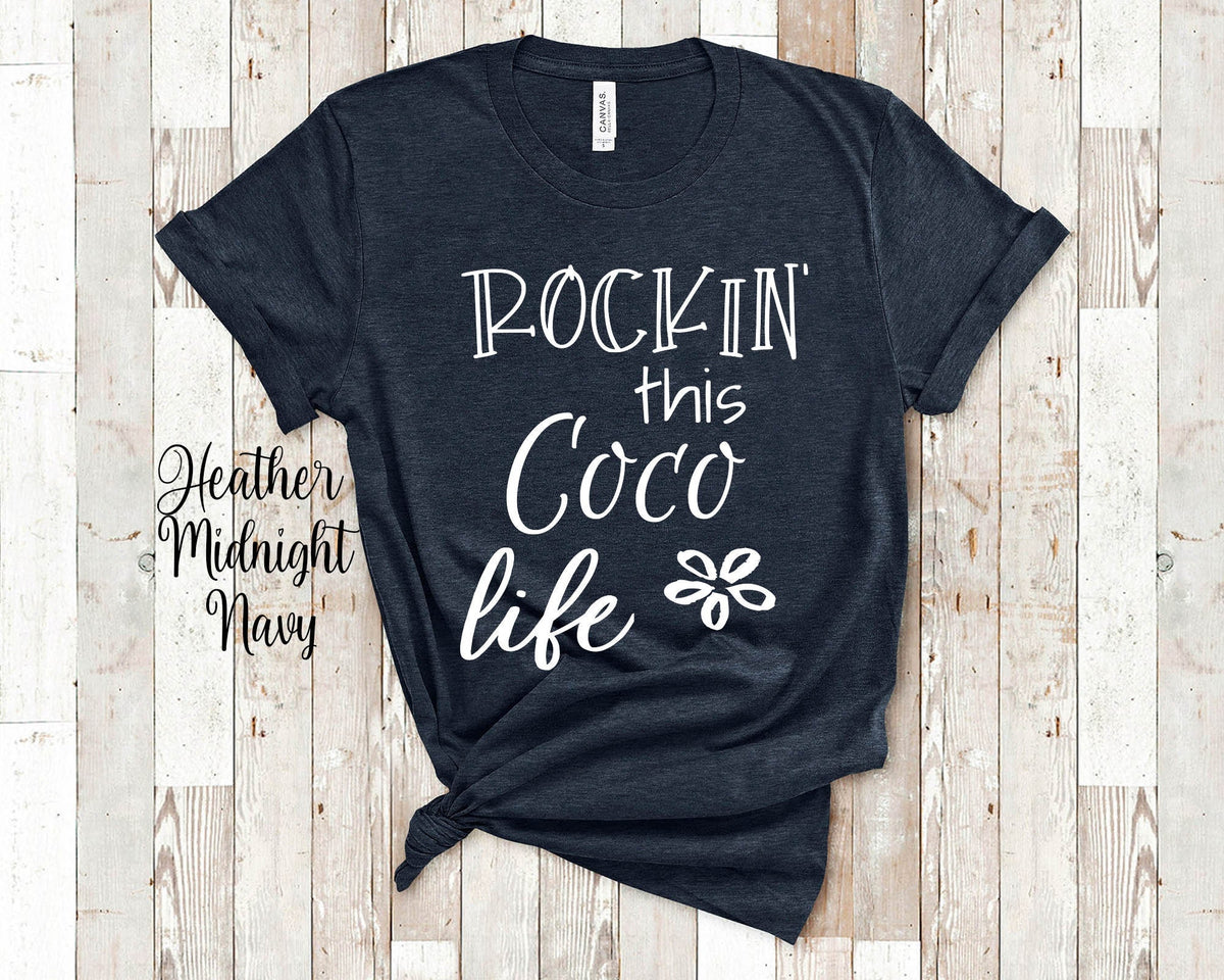 Rockin This Coco Life Grandma Tshirt Special Grandmother Gift Idea for Mother39s Day Birthday Christmas or Pregnancy Reveal Announcement Graphic Tee – Aesthetic Look · Trending Graphic Apparel