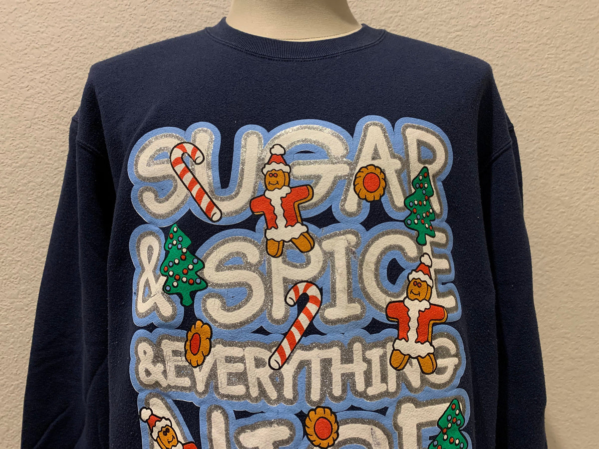 Vintage 9039s Sugar Spice and Everything Nice Navy Crewneck Sweatshirt Size M Sweatshirt – Aesthetic Look · Trending Graphic Apparel