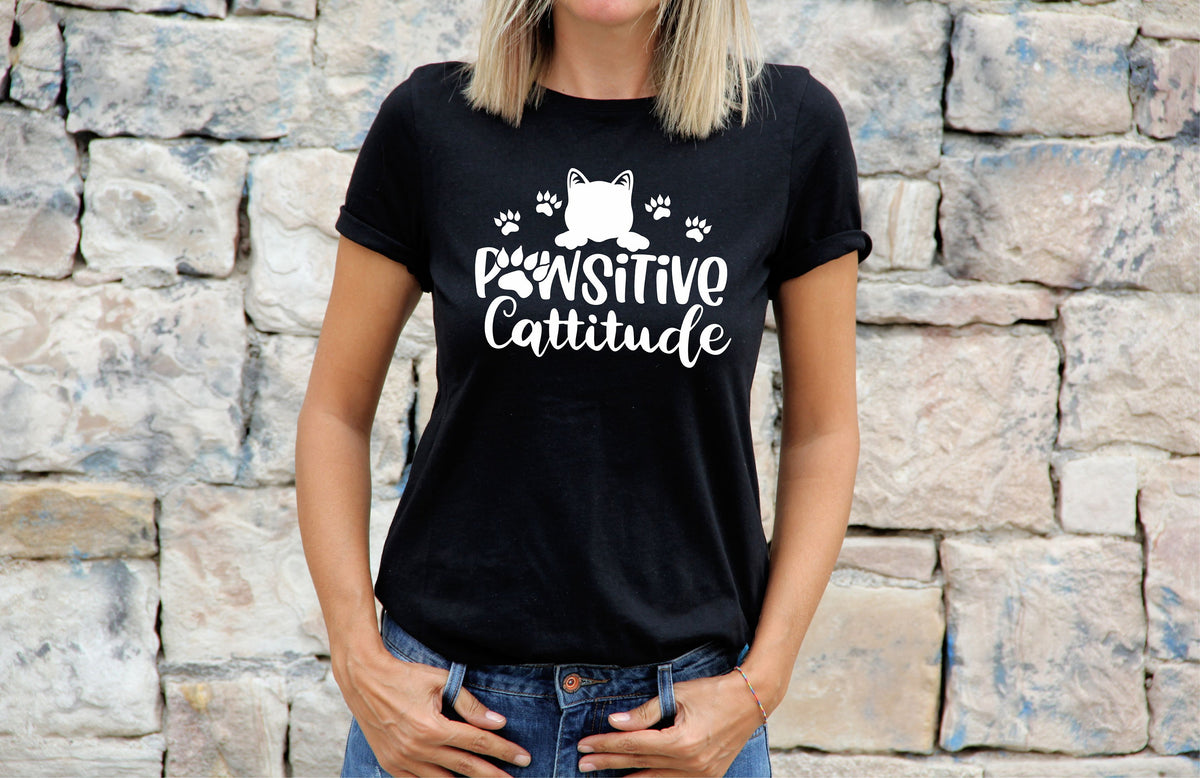 Womens Cat TShirt Shirt Cat Lovers Gift For Cat Tee Pawsitive Cattitude Graphic Tee – Bold Style · Perfect For Daily Wear