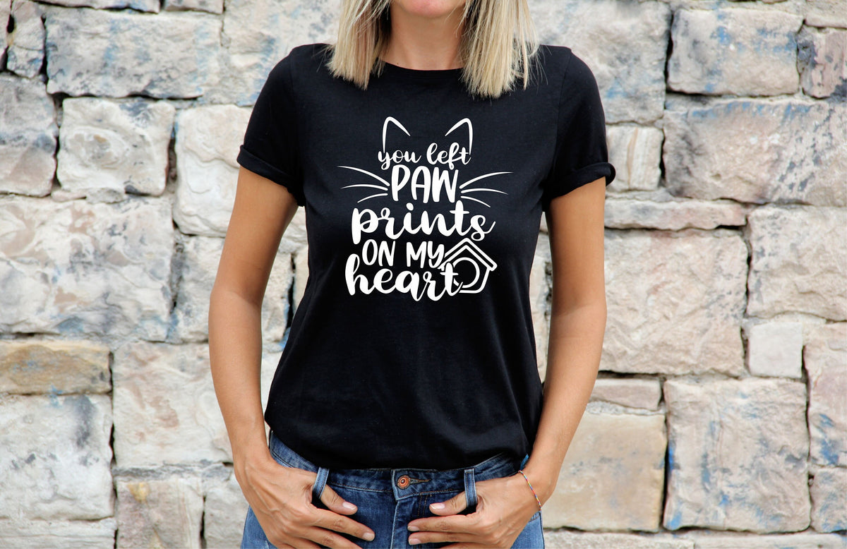 Womens Cat TShirt Shirt Cat Lovers Gift For Cat Tee You Left Paw Prints On My Heart Graphic Tee – Everyday Comfort · Trending Graphic Apparel