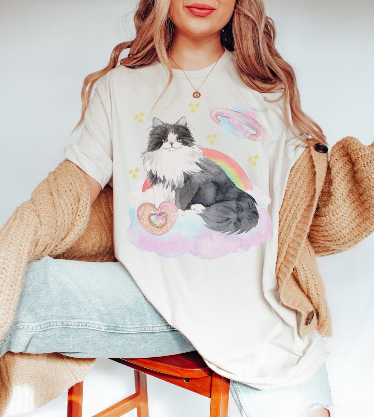 Funny Nineties Throwback Tee Shirt for Cat Mom Weirdcore Space Cat with Rainbow Gift for Cat Lover Kitschy Maximalist Style TShirt Graphic Tee – Premium Graphic · High-Quality Print