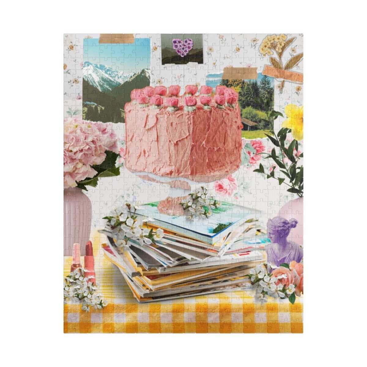 Nineties Throwback Indie Sleaze Puzzle for Adults Pink Cake and Magazines Cute Grunge Aesthetic Puzzle Colorful Maximalist Style Gift Graphic Tee – Soft Feel · Trending Graphic Apparel