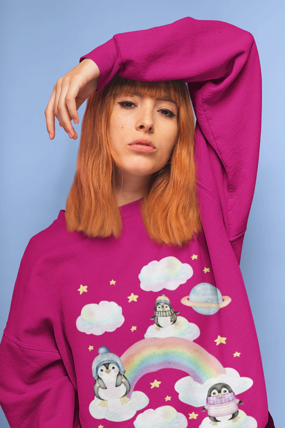 Penguin Lover Sweatshirt Funny Penguin Sweatshirt with Rainbow and Mystical Stars in Space Cozy and Colorful Gift for Animal Lover Sweatshirt – Cozy Vibes · Perfect For Daily Wear