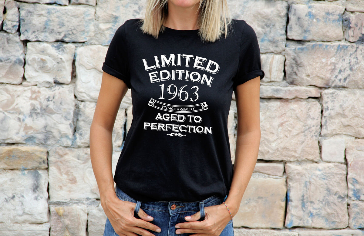 Womens 61st Birthday Gifts T Shirt Top Shirt Gift Present Sixty Limited Edition Year 1963 Aged To Perfection 61th Birthday Gift For Her Graphic Tee – Cozy Vibes · Trending Graphic Apparel
