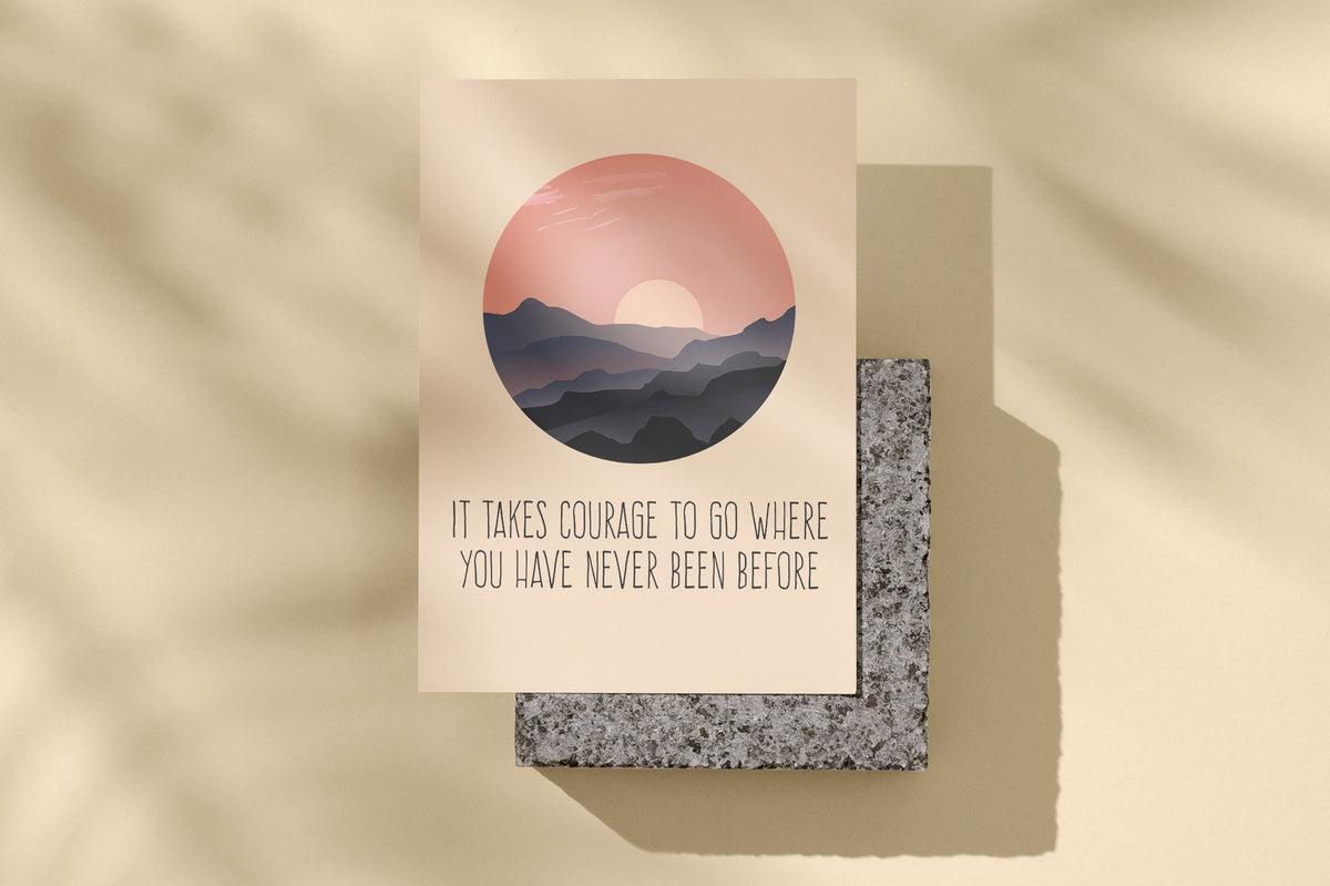Encouraging Greeting Card Landscape Cards Wandering and Exploration Cards for Travelers Earth Tones It Takes Courage Graphic Tee – Everyday Comfort · Perfect For Daily Wear