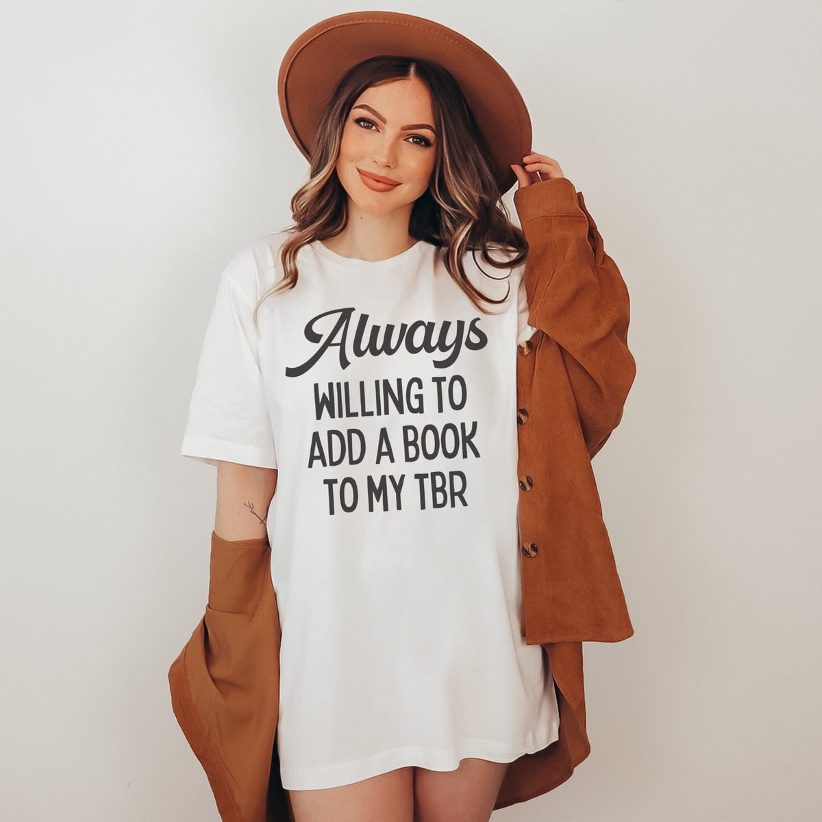 Funny Bookish Tee Shirt Always Willing to Add a Book to My TBR Shirt for Bookworm or Book Lover Cozy Retro Aesthetic Tee for Librarian Graphic Tee – Easygoing Wear · Must-Have Style