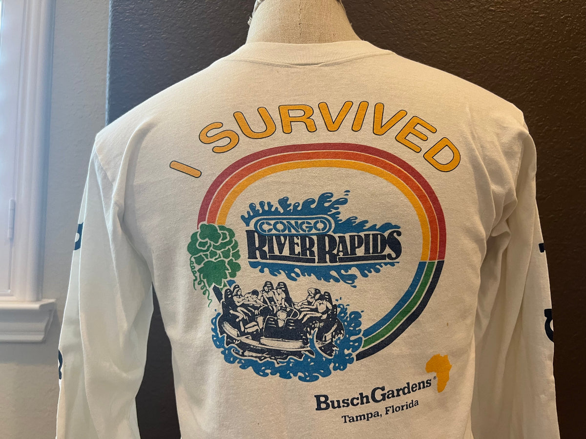 Vintage 8039s Busch Gardens Congo River Rapids Tampa FL White Longsleeve Shirt Size M Graphic Tee – Feel-Good Design · Trending Graphic Apparel