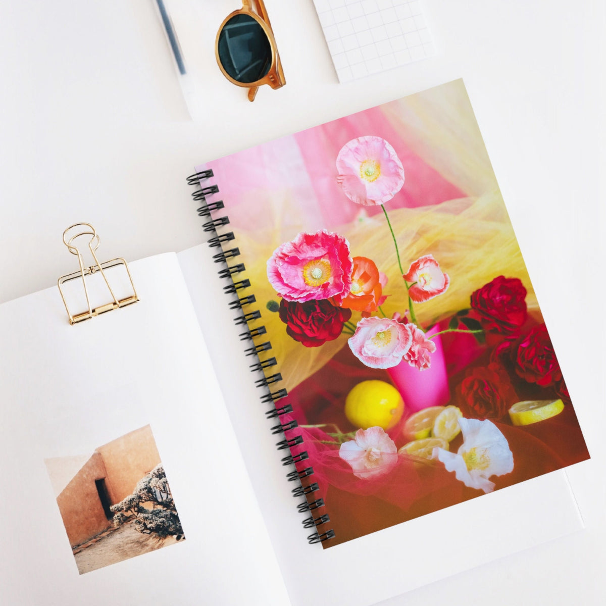 Colorful Aesthetic Flower Notebook Photo Print Cover of Cute Backyard Flowers Vibrant Pink Poppies with Garden Roses and Lemon Slices Graphic Tee – Easygoing Wear · Great Gift For Fans