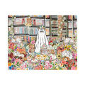 Halloween Ghost Puzzle in Library Adorable Floral Ghost Surrounded by Books and Flowers Fall Puzzle Difficult Spooky Puzzle For Adults Graphic Tee – Premium Graphic · Perfect For Daily Wear