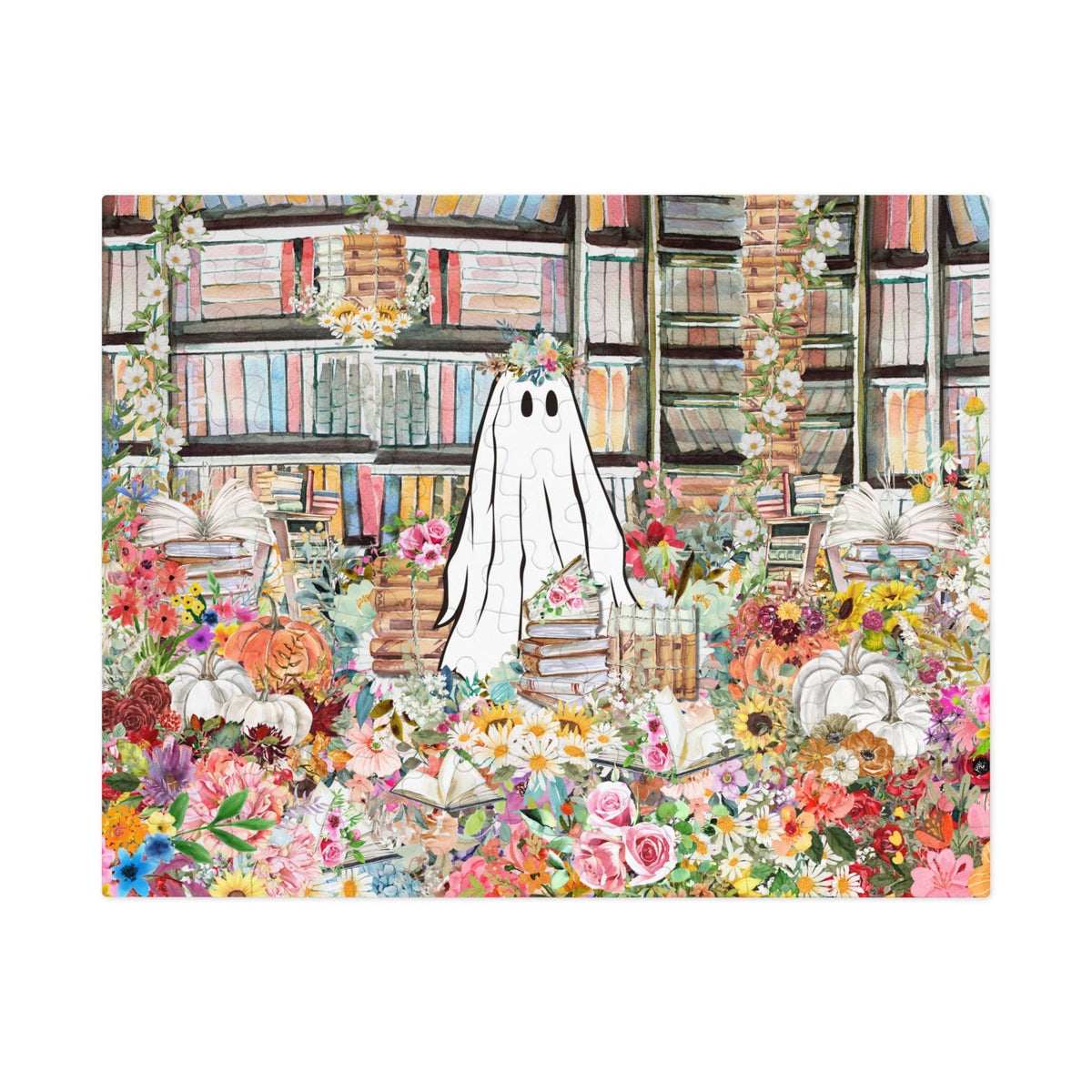 Halloween Ghost Puzzle in Library Adorable Floral Ghost Surrounded by Books and Flowers Fall Puzzle Difficult Spooky Puzzle For Adults Graphic Tee – Premium Graphic · Perfect For Daily Wear