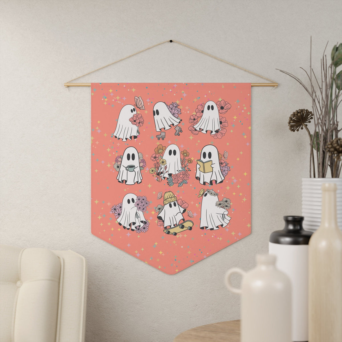 Floral Ghost Wall Pennant for Halloween Pastel Goth Groovy Ghosts with Flowers Boho Butterflies Funny Ghost Wall Decor for Halloween Graphic Tee – Soft Feel · Trending Graphic Apparel