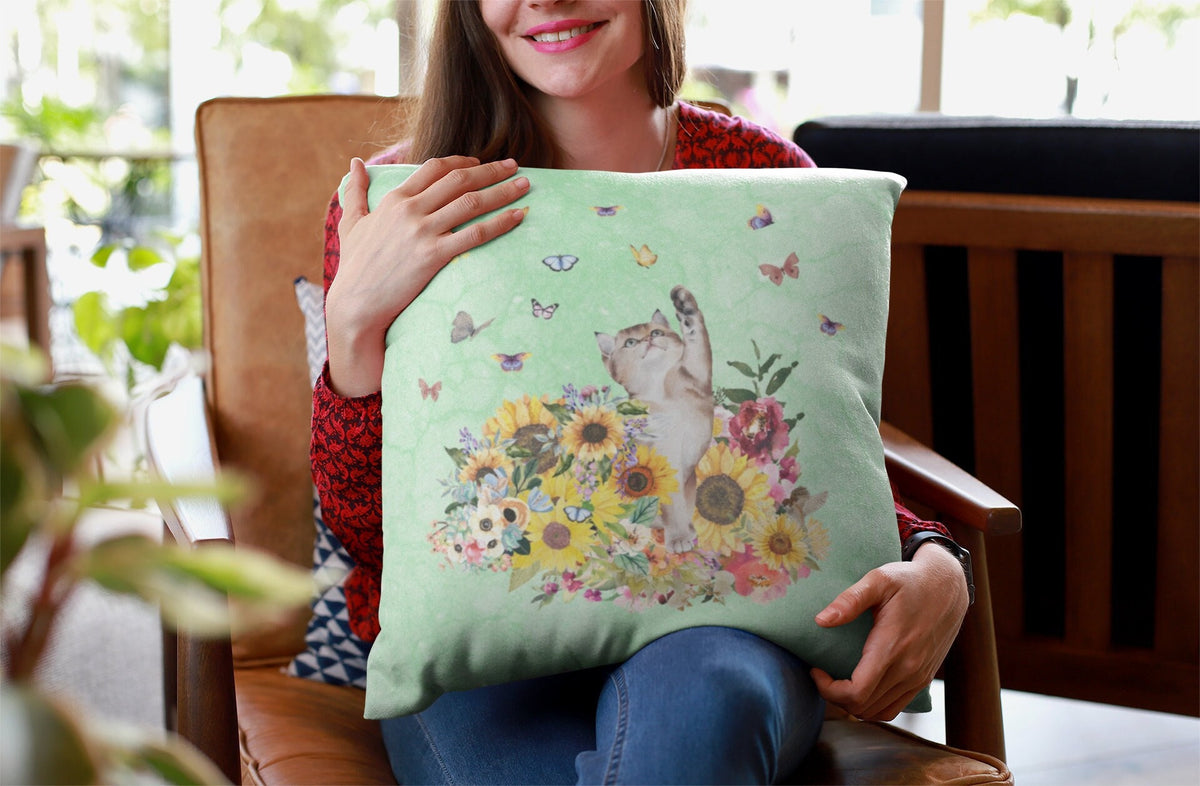 Nostalgic Cat Pillow for Fall Watercolor Kitten Boho Butterflies and Sunflowers Cat Mom Gift Whimsigoth Floral Kitten Pillow for Office Graphic Tee – Aesthetic Look · Must-Have Style