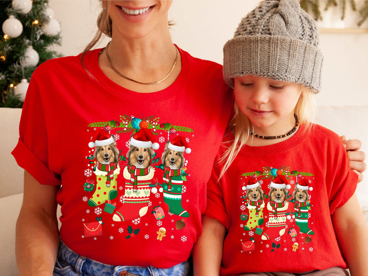 Xmas TShirt Rough Collie Dog Xmas Stocking Christmas Cotton TShirt Xmas T Shirt Xmas Shirt For Men Women Kids Graphic Tee – Easygoing Wear · Must-Have Style