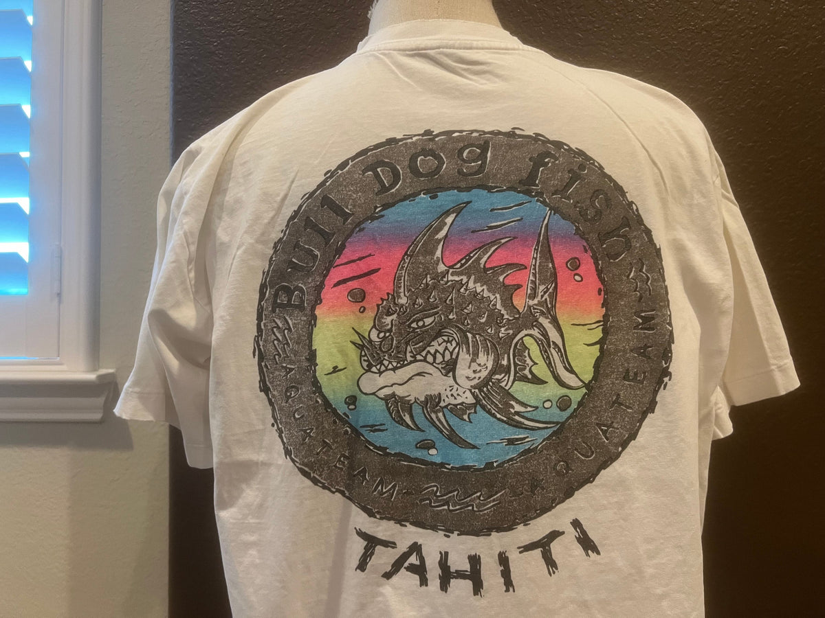 Vintage 9039s Bull Dog Fish Tahiti White T Shirt Size XL Graphic Tee – Feel-Good Design · High-Quality Print