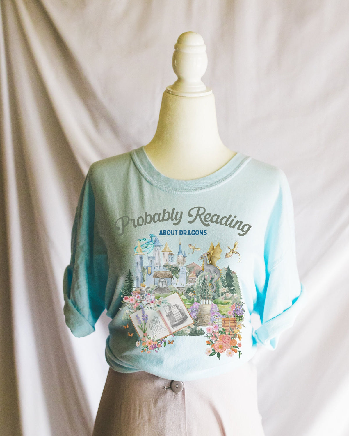 Romantasy Book Lover Tee Shirt Probably Reading About Dragons Cute Fantasy Romance Bookish Shirt for Romance Reader Who Loves Flowers Graphic Tee – Premium Graphic · Must-Have Style