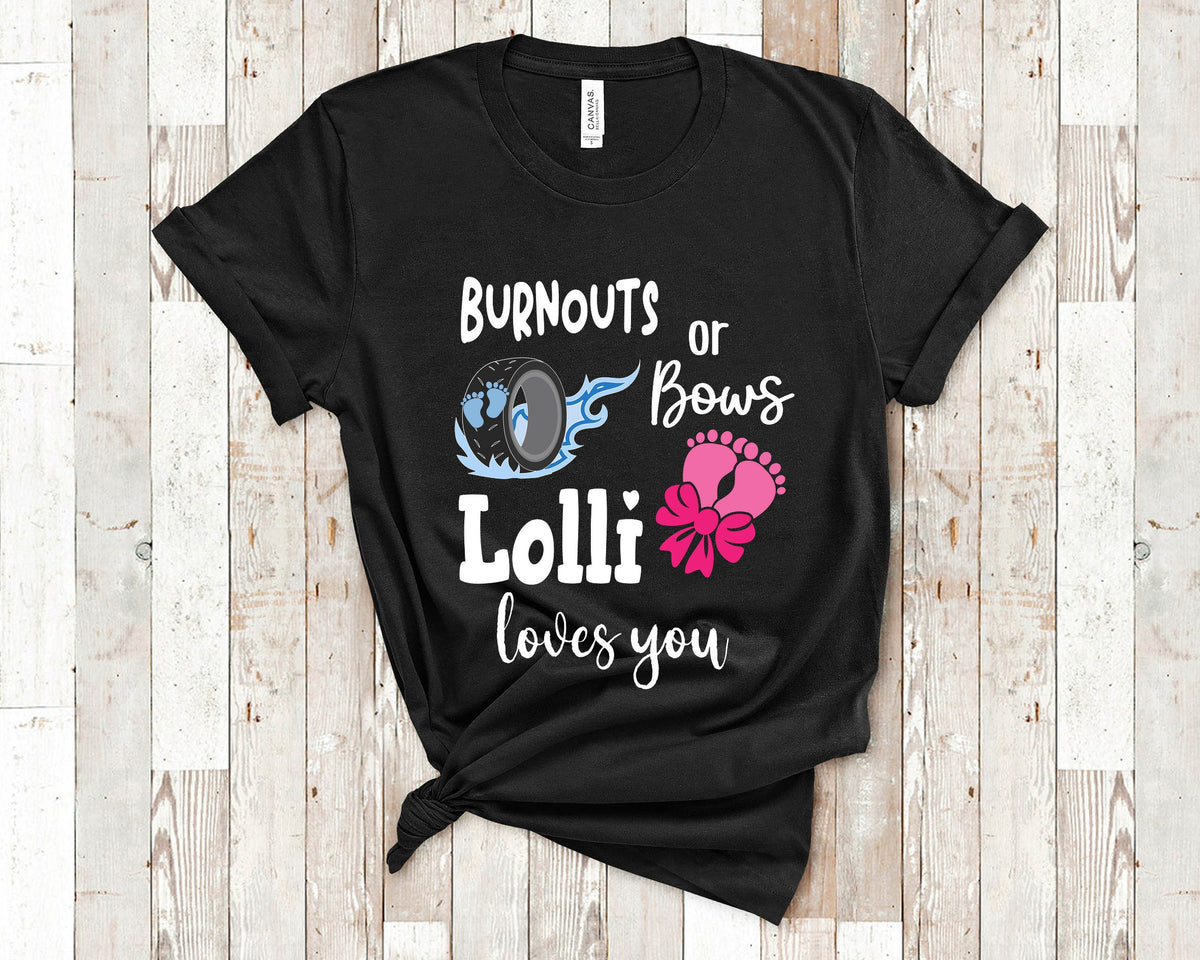 Burnouts or Bows Lolli Loves You Grandson Granddaughter Pregnancy Gender Reveal Announcement Tshirt Can Customize with any Grandmother Name Graphic Tee – Aesthetic Look · Perfect For Daily Wear
