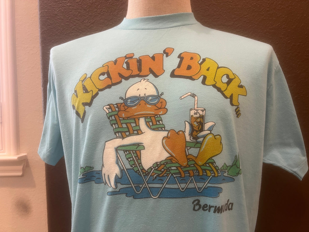 Vintage 8039s Kickin39 Back Bermuda Duck Blue T Shirt Size L Graphic Tee – Cozy Vibes · Trending Graphic Apparel