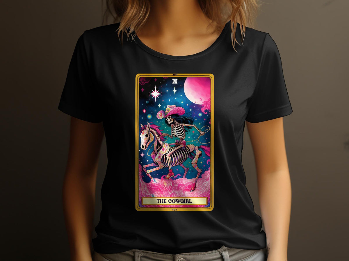 Women39s Tarot Card Cowgirl Skeleton Graphic TShirt Astrology Fantasy Art Tee Unique Illustration Pink Moon Graphic Tee – Warm & Stylish · High-Quality Print