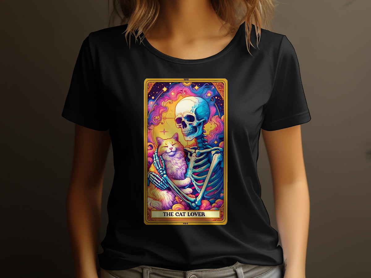 The Cat Lover Tarot Card TShirt Colorful Skeleton and Cat Unique Art Tee Womens TShirt Graphic Tee – Warm & Stylish · Must-Have Style