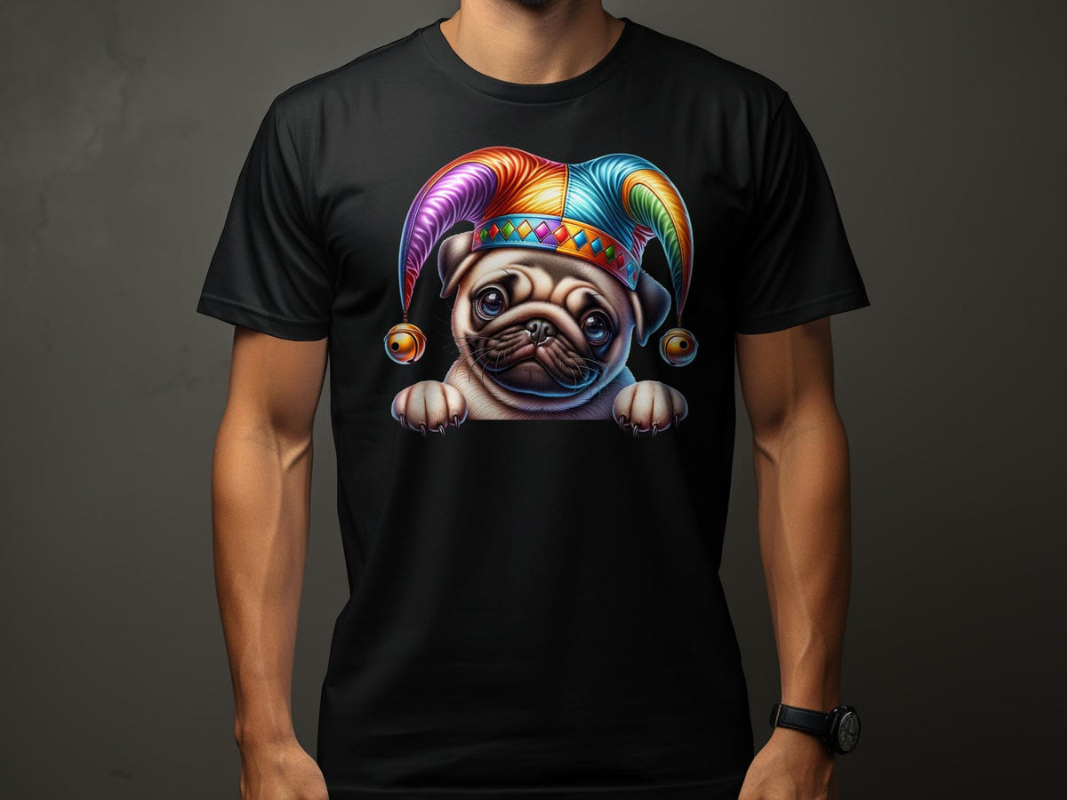 Dog Pug Pup in Jester Hat TShirt Colorful Animal Print Tee Cute Puppy Graphic Shirt Fun Pet Lover Gift Unisex Tee Graphic Tee – Aesthetic Look · Top Pick For Any Outfit