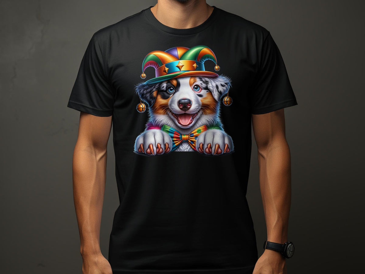 Cute Australian Shepherd Puppy in Jester Hat TShirt Colorful Dog Lover Gift Unisex Tee Pet Humor Apparel Graphic Tee – Aesthetic Look · Must-Have Style