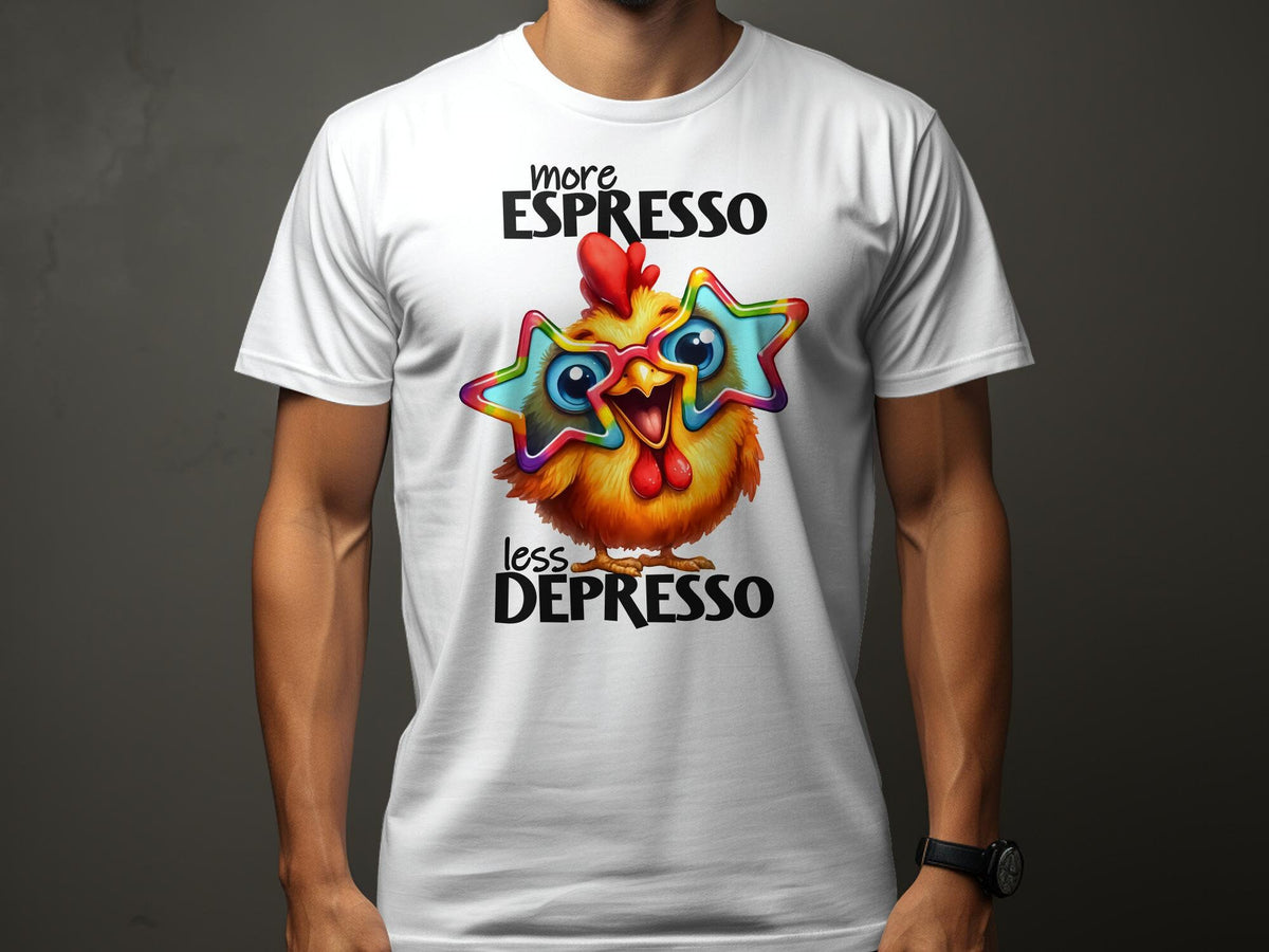 Funny More Espresso Less Depresso Chicken TShirt Sarcastic Coffee Lover Shirt Unisex Gift Idea Graphic Tee – Feel-Good Design · Must-Have Style