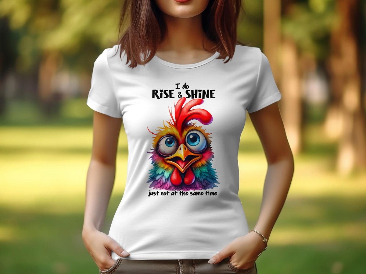 Women39s Colorful Rooster TShirt Sarcastic Rise and Shine Not at the Same Time Funny Graphic Tee Graphic Tee – Aesthetic Look · Top Pick For Any Outfit
