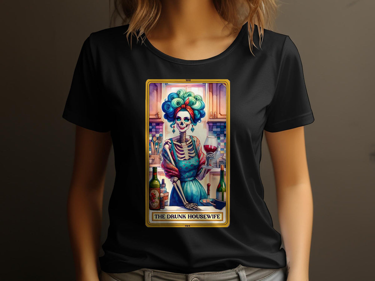 Colorful Day of the Dead Drunk Housewife Skeleton Womens TShirt Wine Lover Gothic Apparel Unique Halloween Costume Idea Graphic Tee – Bold Style · Great Gift For Fans