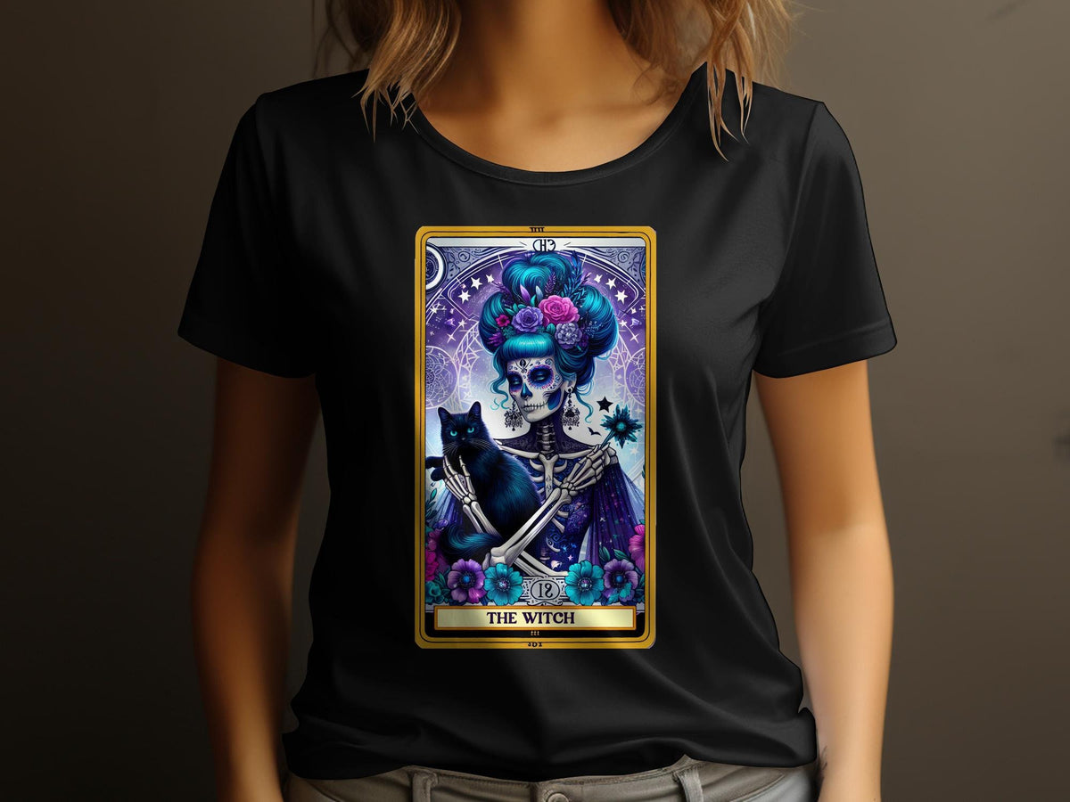 Gothic Witch Tarot Card Womens TShirt Skeleton Witch and Black Cat Mystical Tarot Tee Halloween Apparel Unique Gift Idea Graphic Tee – Aesthetic Look · Great Gift For Fans