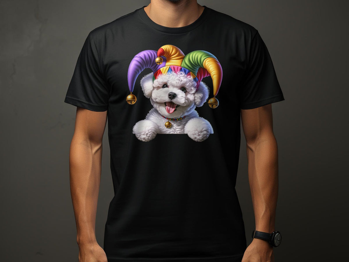Cute Bichon Frise Dog Pup in Jester Hat TShirt Fun and Colorful Dog Lover Gift Unique Pet Fashion Top Soft Cotton Shirt Graphic Tee – Bold Style · Trending Graphic Apparel