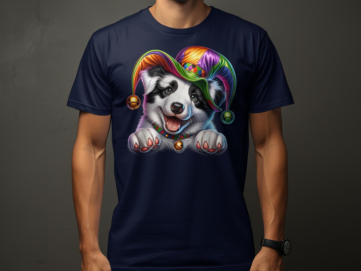 Colorful Border Collie Dog Pup in Jester Hat TShirt Cute Puppy Graphic Tee Unique Pet Lover Gift Unisex Casual Wear Graphic Tee – Easygoing Wear · Trending Graphic Apparel