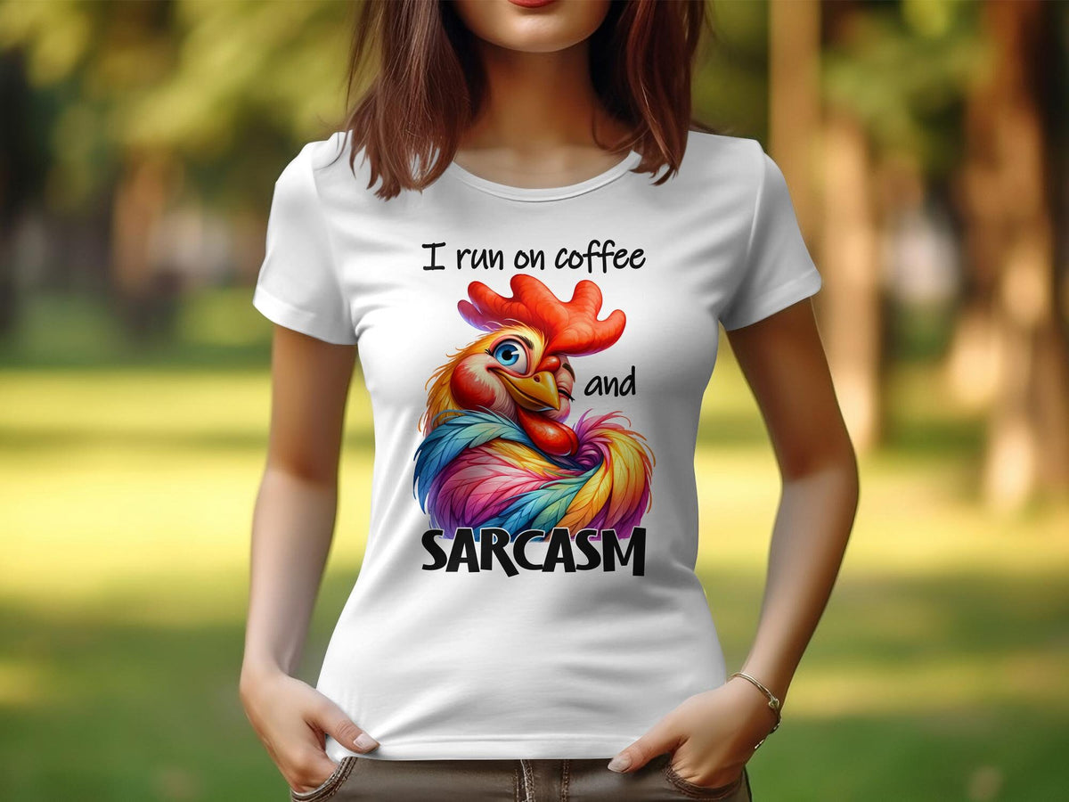 Women39s Sarcastic TShirt I Run on Coffee and Sarcasm Colorful Rooster Design Funny Tee for Her Gift Idea Graphic Tee – Feel-Good Design · Must-Have Style