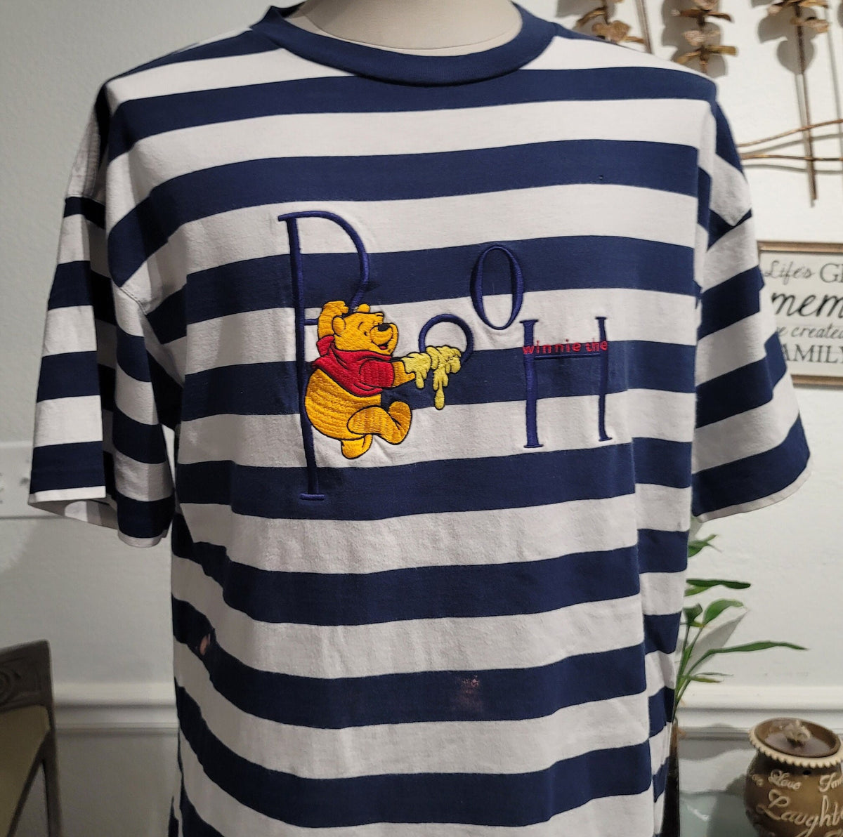 Vintage 90s Winnie And The Pooh blue stripped Tshirt size L Graphic Tee – Cozy Vibes · High-Quality Print