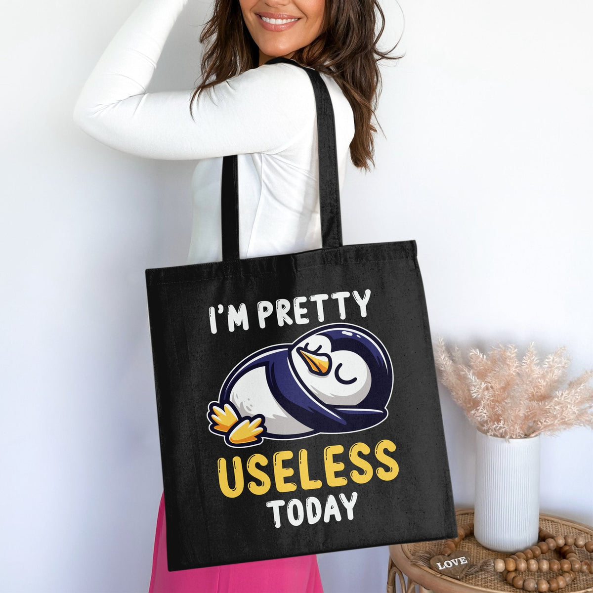Funny Lazy Penguin Tote Bag I39m Pretty Useless Today Cute Animal Design Lazy Day Tote Funny Gift Idea Perfect for Lazy People Tote Bag – Easygoing Wear · Top Pick For Any Outfit