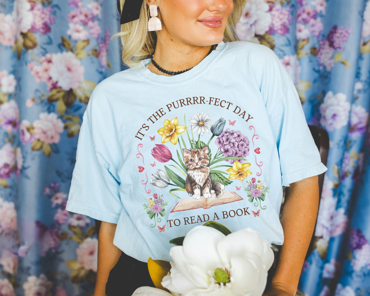 Funny Bookish Shirt for Cat Lover It39s the Purrrfect Day to Read a Book School Librarian Shirt Romance Reader Tee Cute 90s Aesthetic Graphic Tee – Aesthetic Look · High-Quality Print