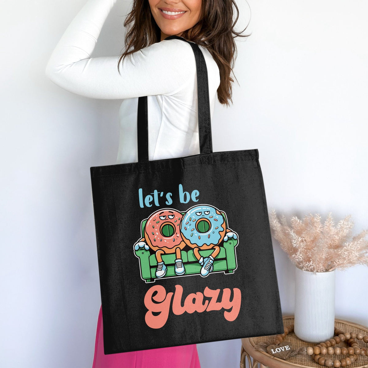 Funny Lazy Design Tote Bag Lets Be Glazy Doughnut Print Cute Donut Characters Humorous Gift for Lazy People Unique Tote Bag Tote Bag – Feel-Good Design · Great Gift For Fans
