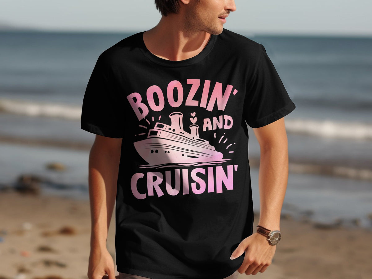Boozin Cruisin TShirt Cruise Holiday Tee Fun Cruise Shirt Sea Adventure Top Vacation Party Wear Nautical Theme Tee Pink Ship Design Graphic Tee – Everyday Comfort · Great Gift For Fans