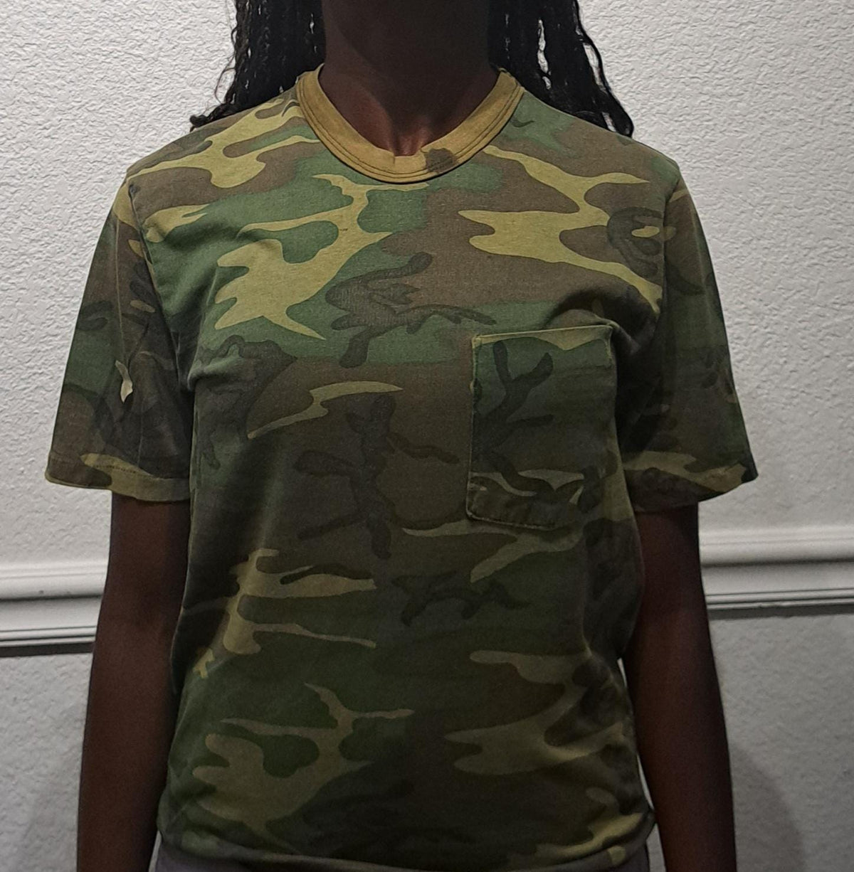 Vintage 80s Green Camo Pocket Camouflage Tshirt modeled size S Graphic Tee – Soft Feel · High-Quality Print