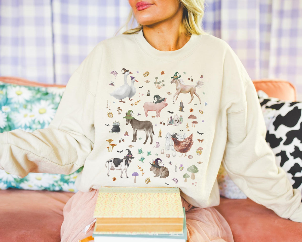 Spooky Farm Animal Sweatshirt for Halloween Funny Animal Lover Crewneck Spooky Season Boho Whimsigoth Witchy Aesthetic Shirt for Fall Sweatshirt – Aesthetic Look · High-Quality Print