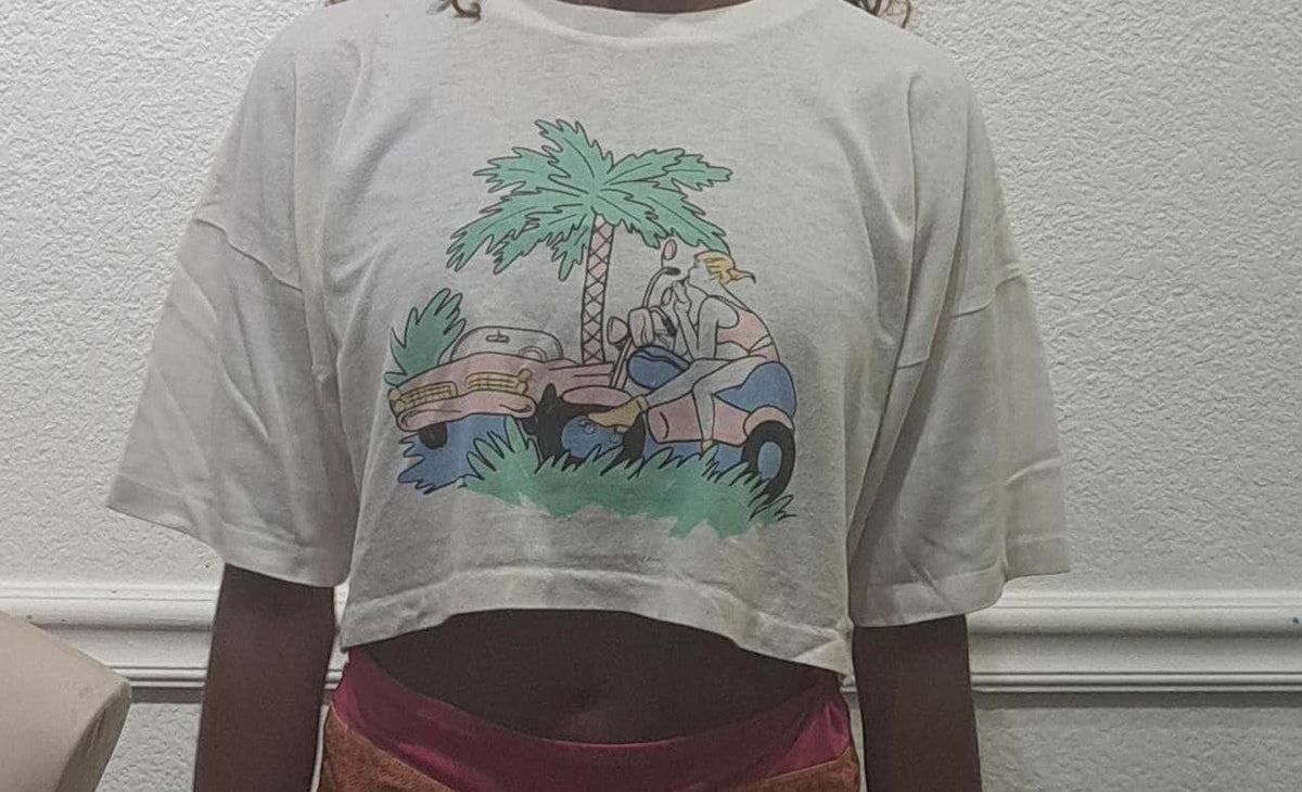 Vintage 90s Girl On The Beach Palm Tree Moped white CropTop T Shirt modeled size M Graphic Tee – Feel-Good Design · Trending Graphic Apparel