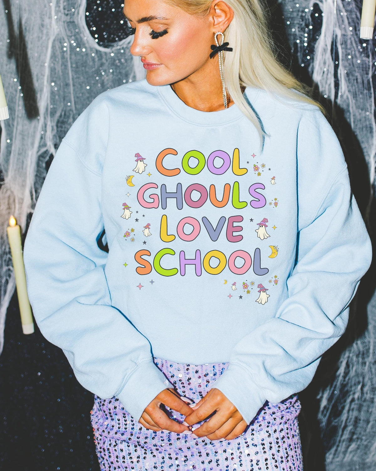 Cute Halloween Teacher Sweatshirt with Ghosts Cool Ghouls Love School Silly Kindergarten Teacher Crewneck with Stars Floral Halloween Sweatshirt – Cozy Vibes · High-Quality Print
