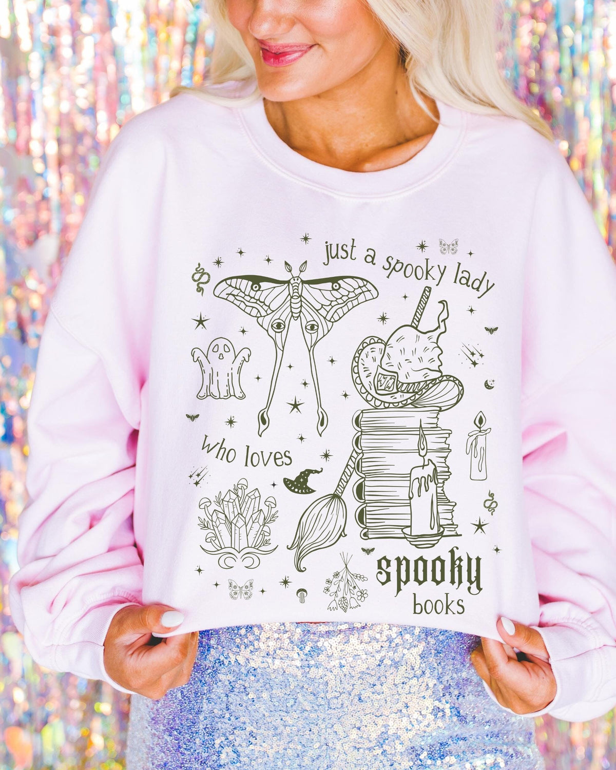 Spooky Bookish Sweatshirt Reader Who Loves Horror Novels or Mystery Books Cute 90s Aesthetic Tattoo Style Halloween Crewneck for Bookworm Sweatshirt – Premium Graphic · Must-Have Style